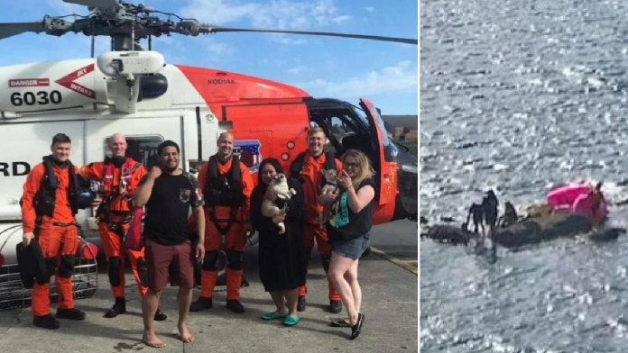 Birthday girl adrift on flamingo float with friends and dogs rescued