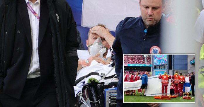 Christian Eriksen conscious as he leaves stadium after collapsing during Denmark v Finland