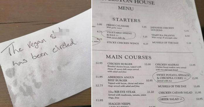 Vegan finds rude note on menu after asking waiter about meatless meals
